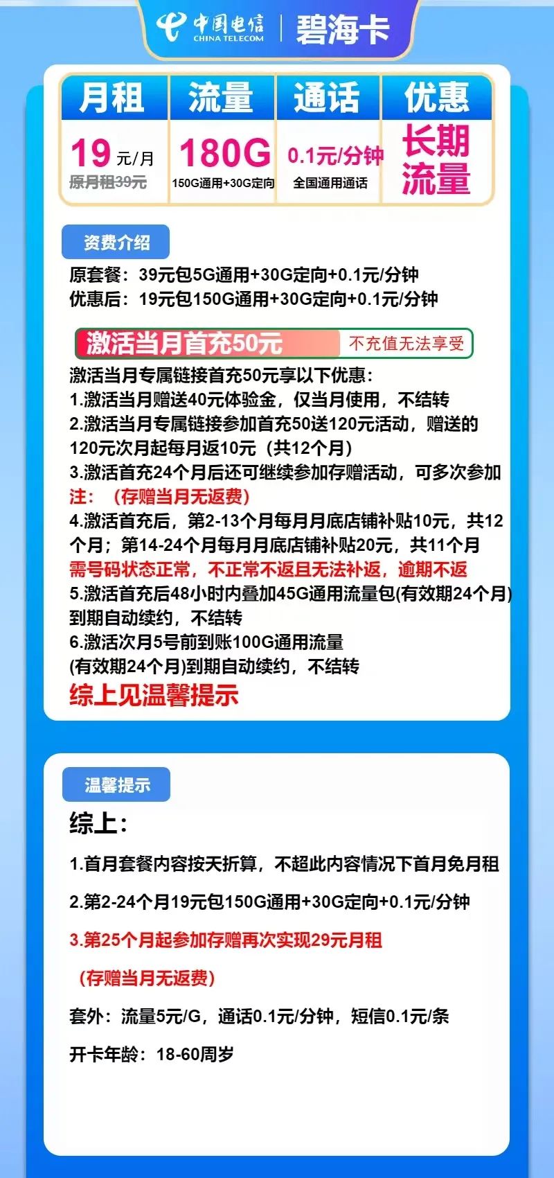 2025年2月电信流量卡推荐！碧海卡月租19元享180G 长期优惠，轻松办理！